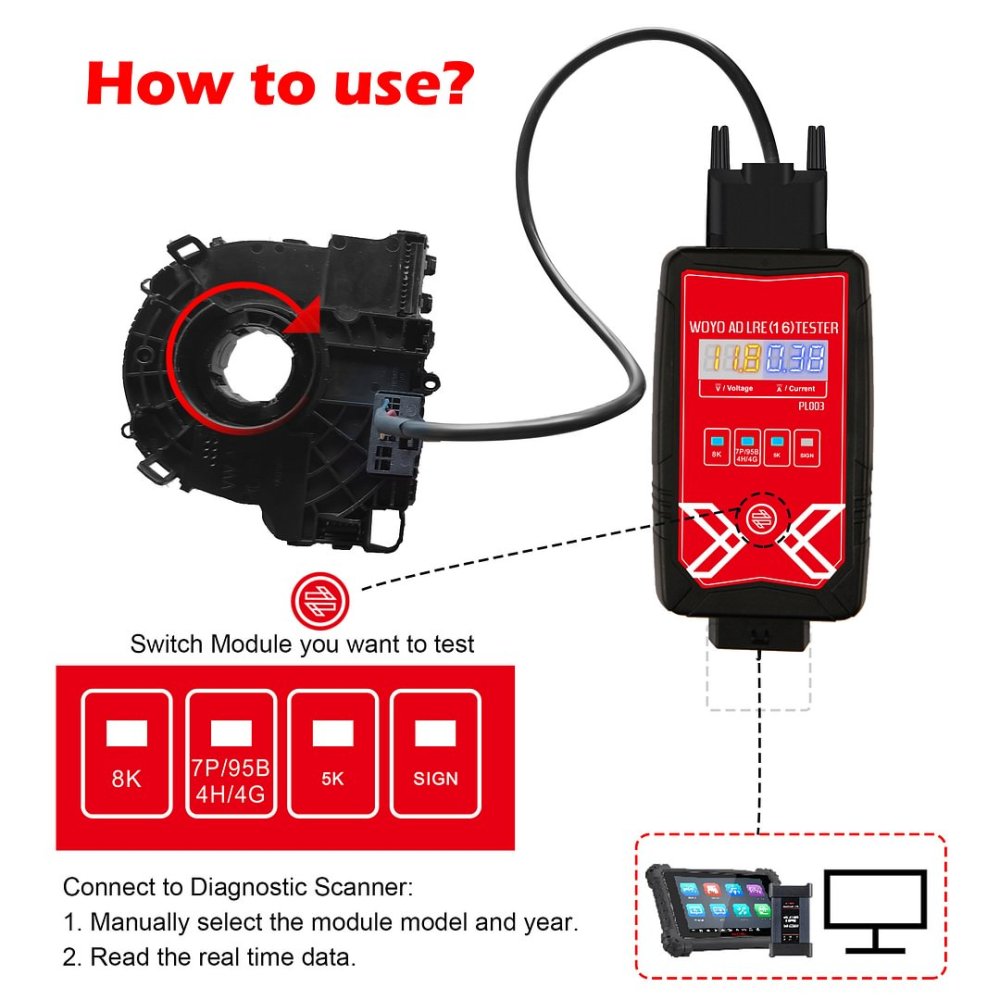 WOYO PL003 Steering Angle Sensor Tester for AUDI LRE 16 4G/8K 8K0 953 568 On Bench Test