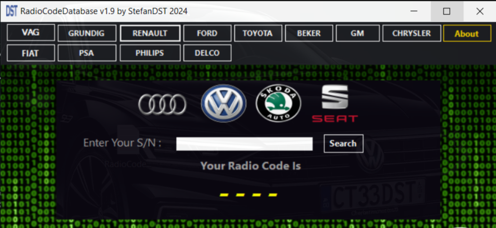 Automotive Radio Code Database V1.9 Radio Code Calulator for VW AUDI SEAT SKODA CHRYSLER FORD GM TOYOTA FIAT PEUGEOT CITROEN RENAULT