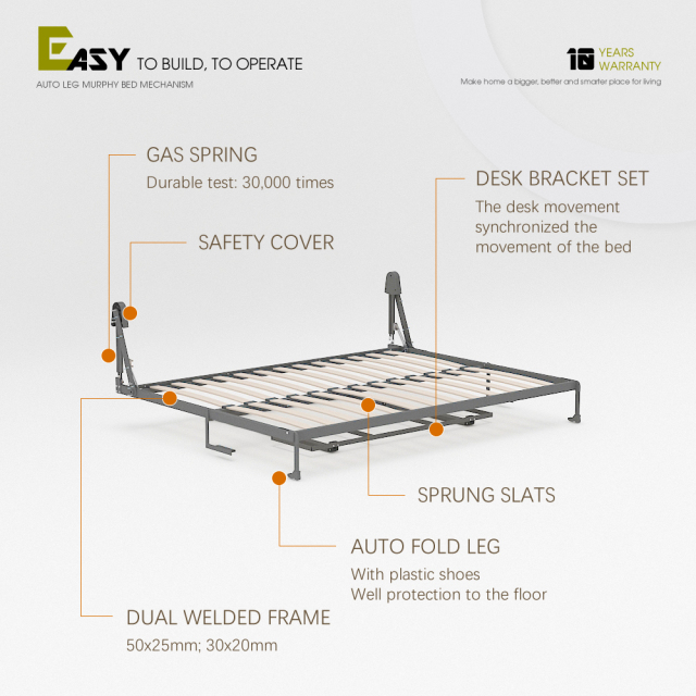 Wall Bed With Desk Mechanism | Horizontal Queen,Murphy Wall Bed Mechanism for Queen With Study Desk for Home Office,Maxplus Industrial -- Desk Bed | Murphy Bed | Wall Bed | Storage Bed | Desk & Table