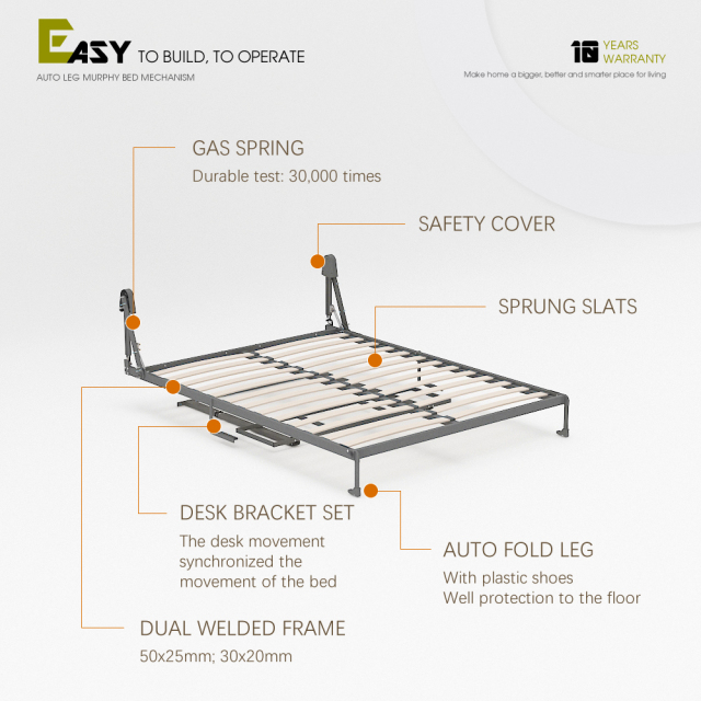 Deluxe Murphy Bed Mechanism with Desk Kit, DIY Frame Hardware for Folding Cabinet, Easy to Build Wall Bed - Vertical Queen,Vertical Wall Bed queen for Space-Saving -Murphy Bed With Desk,Maxplus Industrial -- Desk Bed | Murphy Bed | Wall Bed | Storage Bed | Desk & Table