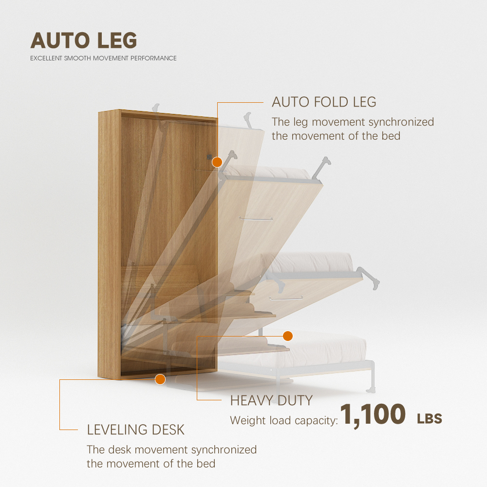Mechanism For Wall Bed With Shelf Desk For Single, Twin, Twin XL and King Single,Deluxe Murphy Bed Frame (Twin) Vertical, Wall Bed Twin With Desk,Maxplus Industrial -- Desk Bed | Murphy Bed | Wall Bed | Storage Bed | Desk & Table