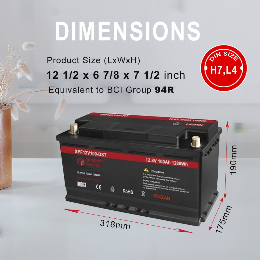 12V 100Ah Deep Cycle DIN Size H7 H8 LiFePO4 Lithium-ion Battery