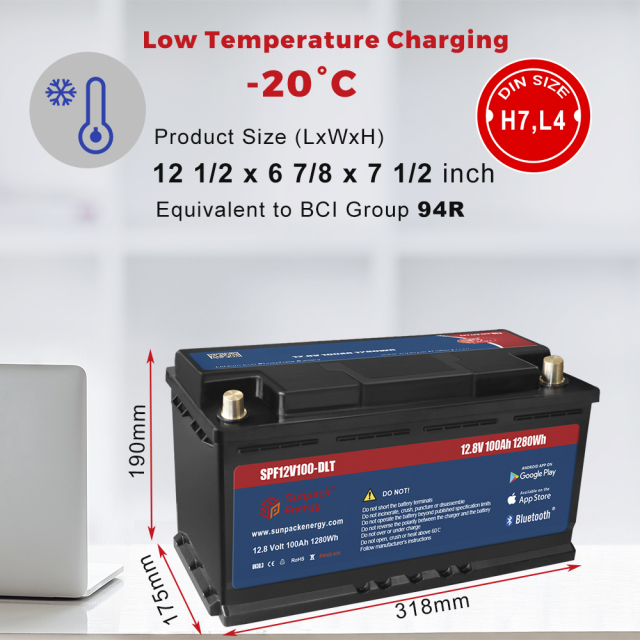 12V 100Ah Low Temperature DIN LiFePO4 Lithium Iron Phosphate Battery