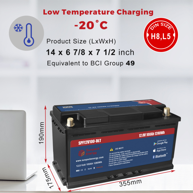 12V 100Ah Low Temperature DIN LiFePO4 Lithium Iron Phosphate Battery