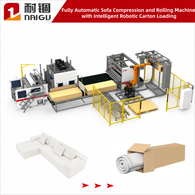 Fully Automatic Sofa Compression and Rolling Machine with Intelligent Robotic Carton Loading