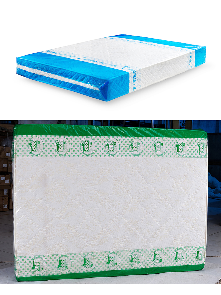 A queen mattress covered with a clear mattress packing bag and sealed edges