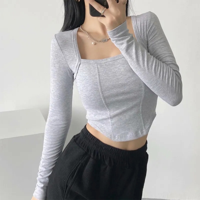 New Cotton Spring Autumn Slim Blouse Long Sleeve Sexy T Shirt Ladies Square Collar Casual Cropped Tops Blouses,Shuliqi Apparel - Men's Clothing Wholesale Manufacturer,New Cotton Spring Autumn Slim Blouse Long Sleeve Sexy T Shirt Ladies Square Collar Casual Cropped Tops Blouses