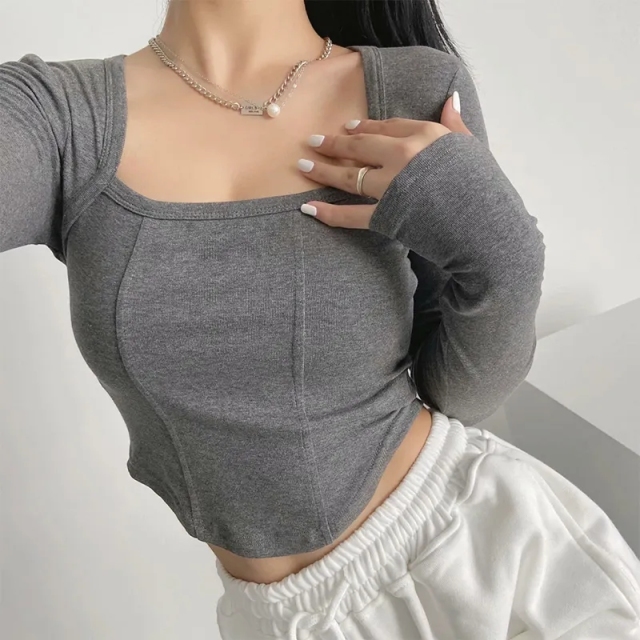 New Cotton Spring Autumn Slim Blouse Long Sleeve Sexy T Shirt Ladies Square Collar Casual Cropped Tops Blouses,Shuliqi Apparel - Men's Clothing Wholesale Manufacturer,New Cotton Spring Autumn Slim Blouse Long Sleeve Sexy T Shirt Ladies Square Collar Casual Cropped Tops Blouses