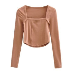 New Cotton Spring Autumn Slim Blouse Long Sleeve Sexy T Shirt Ladies Square Collar Casual Cropped Tops Blouses,Shuliqi Apparel - Men's Clothing Wholesale Manufacturer,New Cotton Spring Autumn Slim Blouse Long Sleeve Sexy T Shirt Ladies Square Collar Casual Cropped Tops Blouses