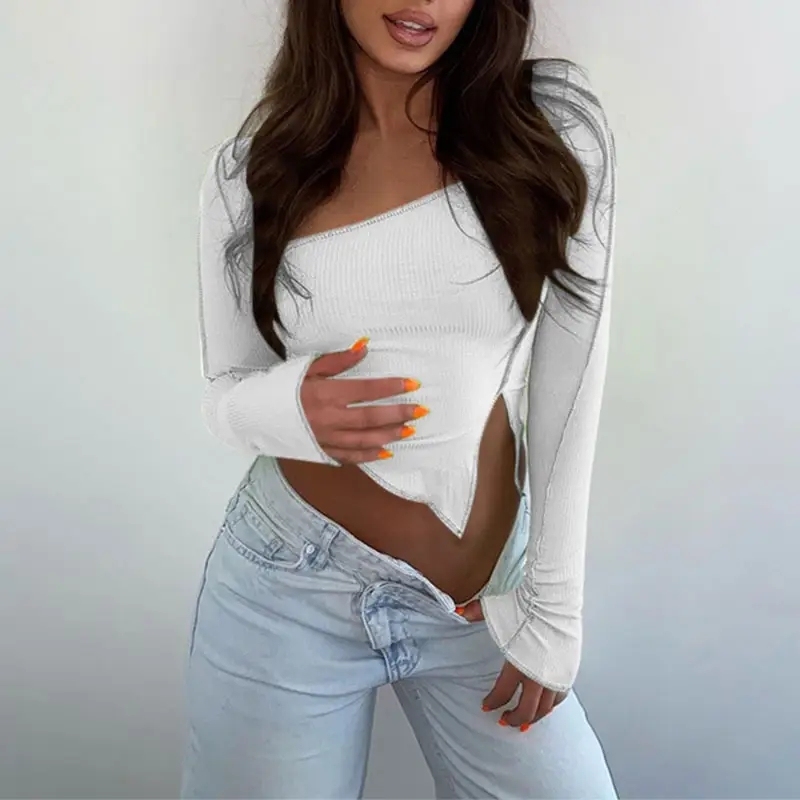 Long Sleeve Ribbed Stretchy Crop Top Skinny One Shoulder Patchwork Women Asymmetry Tank Striped Patchwork Tops,Shuliqi Apparel - Men's Clothing Wholesale Manufacturer,Long Sleeve Ribbed Stretchy Crop Top Skinny One Shoulder Patchwork Women Asymmetry Tank Striped Patchwork Tops