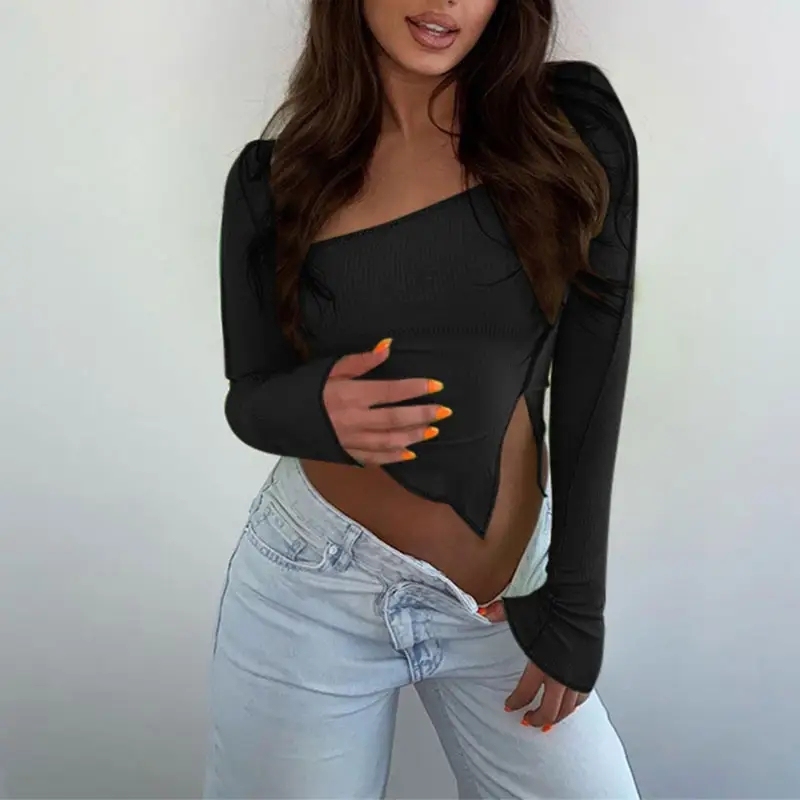 Long Sleeve Ribbed Stretchy Crop Top Skinny One Shoulder Patchwork Women Asymmetry Tank Striped Patchwork Tops,Shuliqi Apparel - Men's Clothing Wholesale Manufacturer,Long Sleeve Ribbed Stretchy Crop Top Skinny One Shoulder Patchwork Women Asymmetry Tank Striped Patchwork Tops