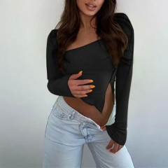 Long Sleeve Ribbed Stretchy Crop Top Skinny One Shoulder Patchwork Women Asymmetry Tank Striped Patchwork Tops,Shuliqi Apparel - Men's Clothing Wholesale Manufacturer,Long Sleeve Ribbed Stretchy Crop Top Skinny One Shoulder Patchwork Women Asymmetry Tank Striped Patchwork Tops