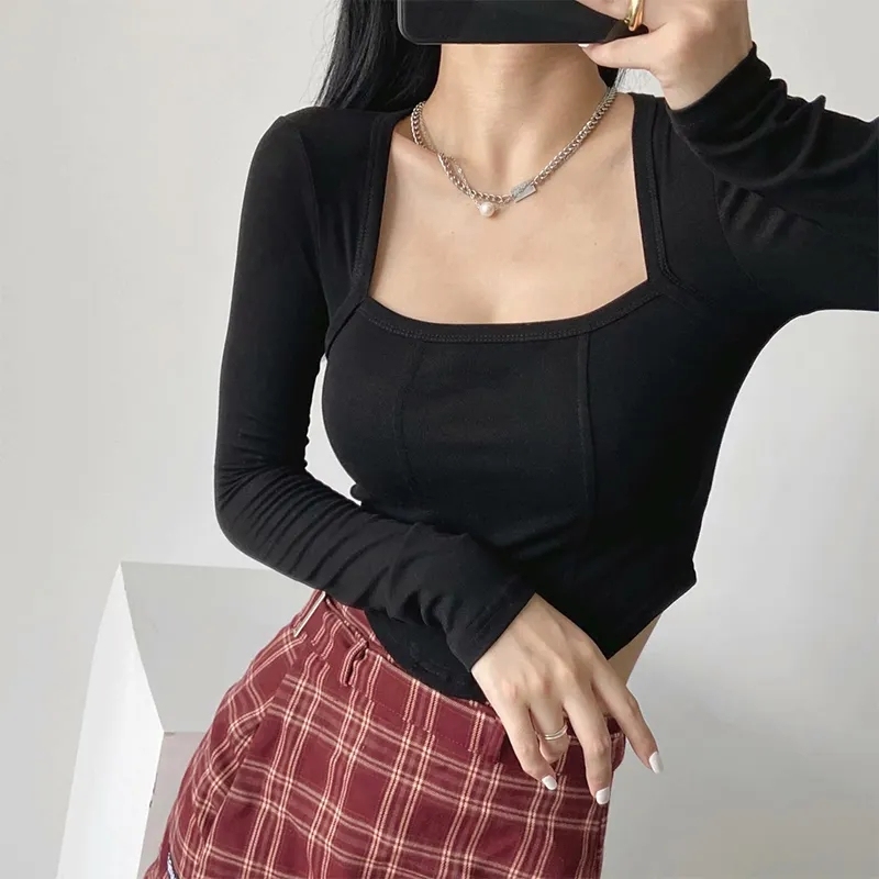 New Cotton Spring Autumn Slim Blouse Long Sleeve Sexy T Shirt Ladies Square Collar Casual Cropped Tops Blouses,Shuliqi Apparel - Men's Clothing Wholesale Manufacturer,New Cotton Spring Autumn Slim Blouse Long Sleeve Sexy T Shirt Ladies Square Collar Casual Cropped Tops Blouses