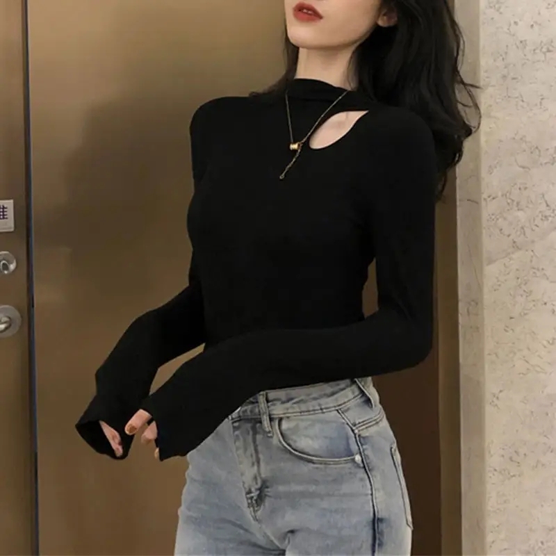 Long Sleeve Bodycon T Shirt Women White Black Turtleneck Tshirt Female Streetwear Hollow Out Ribbed Knitted Tshirt For Women,Shuliqi Apparel - Men's Clothing Wholesale Manufacturer,Long Sleeve Bodycon T Shirt Women White Black Turtleneck Tshirt Female Streetwear Hollow Out Ribbed Knitted Tshirt For Women