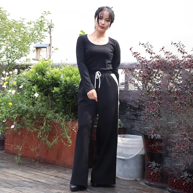 Summer Female Black Wide Leg Pants For Women High Waist Loose Minimalist Office Lady Trousers with Drawstring,Shuliqi Apparel - Men's Clothing Wholesale Manufacturer,Summer Female Black Wide Leg Pants For Women High Waist Loose Minimalist Office Lady Trousers with Drawstring