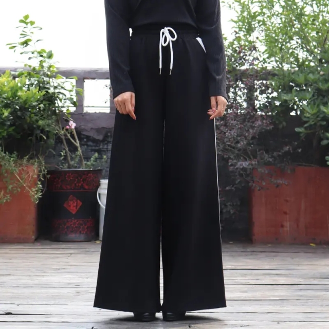 Summer Female Black Wide Leg Pants For Women High Waist Loose Minimalist Office Lady Trousers with Drawstring,Shuliqi Apparel - Men's Clothing Wholesale Manufacturer,Summer Female Black Wide Leg Pants For Women High Waist Loose Minimalist Office Lady Trousers with Drawstring