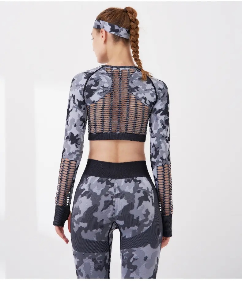 Camouflage Crop Top Bra Leggings Long Sleeve Sport Fitness Yoga Pants Camo Workout Two Pcs Yoga Sets,Shuliqi Apparel - Men's Clothing Wholesale Manufacturer,Camouflage Crop Top Bra Leggings Long Sleeve Sport Fitness Yoga Pants Camo Workout Two Pcs Yoga Sets
