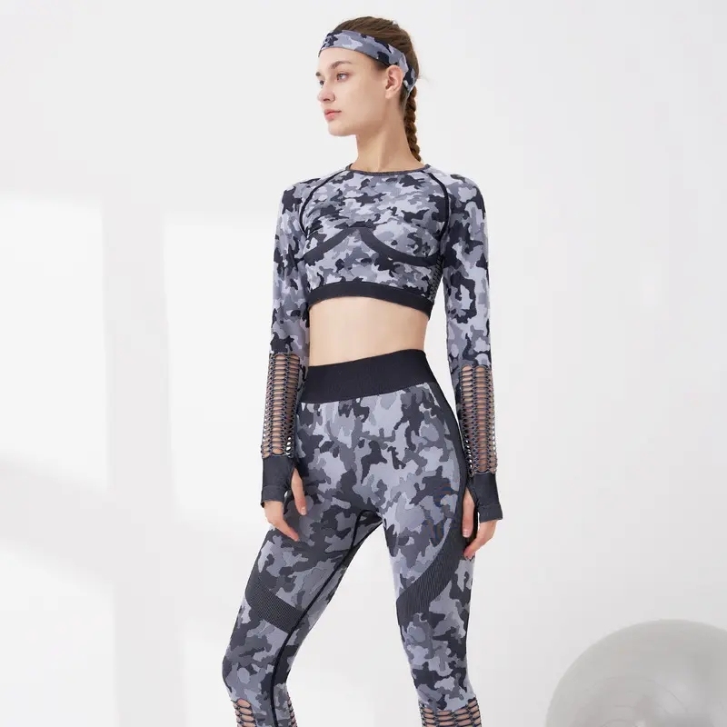 Camouflage Crop Top Bra Leggings Long Sleeve Sport Fitness Yoga Pants Camo Workout Two Pcs Yoga Sets,Shuliqi Apparel - Men's Clothing Wholesale Manufacturer,Camouflage Crop Top Bra Leggings Long Sleeve Sport Fitness Yoga Pants Camo Workout Two Pcs Yoga Sets