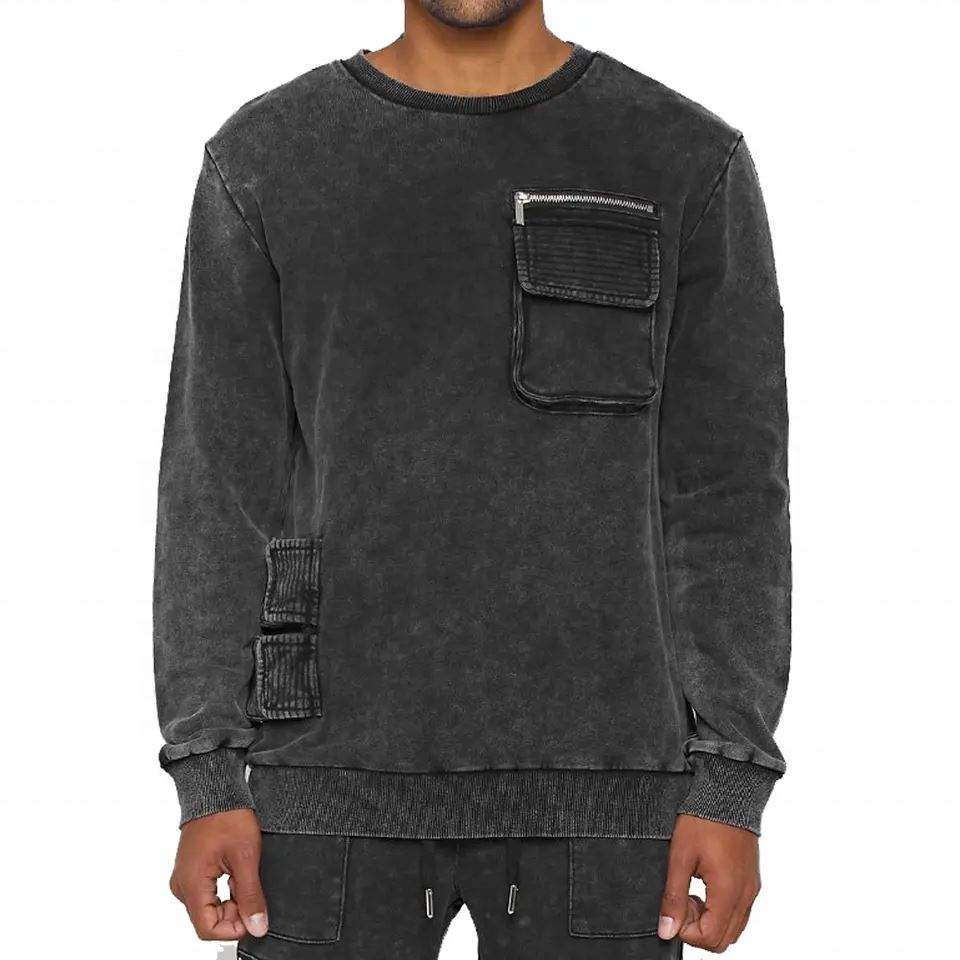 Custom Men Long Sleeve Zipper Cargo Pockets Crewneck Pullover Acid Washed Vintage Cotton Fleece Sweatshirts,Shuliqi Apparel - Men's Clothing Wholesale Manufacturer,Custom Men Long Sleeve Zipper Cargo Pockets Crewneck Pullover Acid Washed Vintage Cotton Fleece Sweatshirts