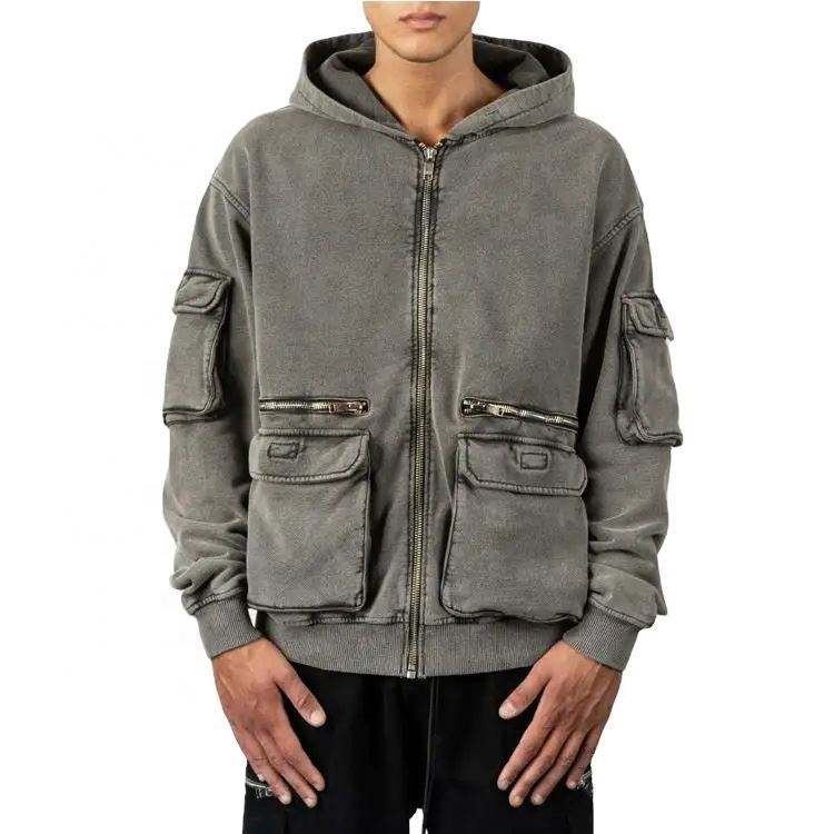 Custom Logo Cotton Heavyweights Mens Cargo Track 3D Pockets Vintage Stone Washed Full Zip Up Hoodies,Shuliqi Apparel - Men's Clothing Wholesale Manufacturer,Custom Logo Cotton Heavyweights Mens Cargo Track 3D Pockets Vintage Stone Washed Full Zip Up Hoodies