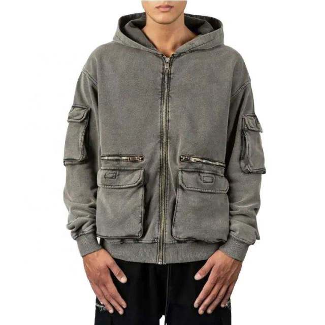 Custom Logo Cotton Heavyweights Mens Cargo Track 3D Pockets Vintage Stone Washed Full Zip Up Hoodies,Shuliqi Apparel - Men's Clothing Wholesale Manufacturer,Custom Logo Cotton Heavyweights Mens Cargo Track 3D Pockets Vintage Stone Washed Full Zip Up Hoodies