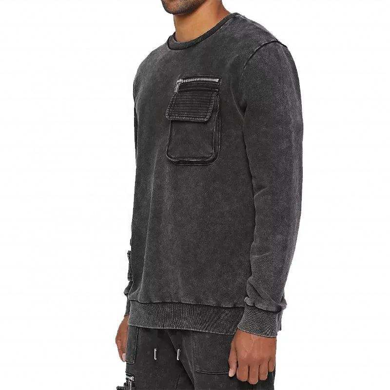 Custom Men Long Sleeve Zipper Cargo Pockets Crewneck Pullover Acid Washed Vintage Cotton Fleece Sweatshirts,Shuliqi Apparel - Men's Clothing Wholesale Manufacturer,Custom Men Long Sleeve Zipper Cargo Pockets Crewneck Pullover Acid Washed Vintage Cotton Fleece Sweatshirts