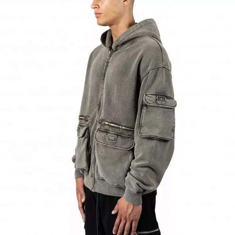 Custom Logo Cotton Heavyweights Mens Cargo Track 3D Pockets Vintage Stone Washed Full Zip Up Hoodies,Shuliqi Apparel - Men's Clothing Wholesale Manufacturer,Custom Logo Cotton Heavyweights Mens Cargo Track 3D Pockets Vintage Stone Washed Full Zip Up Hoodies