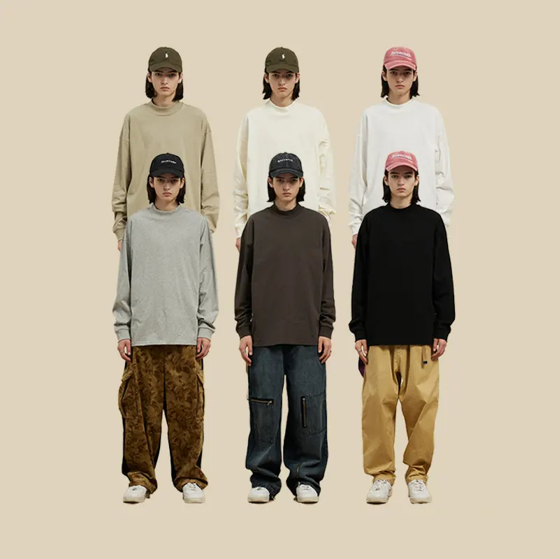 Custom High Quality 250g 100% Cotton Ribbed Cuff Mock Neck Long Sleeve T Shirt Oversized Unisex T Shirt,Shuliqi Apparel - Men's Clothing Wholesale Manufacturer,Custom High Quality 250g 100% Cotton Ribbed Cuff Mock Neck Long Sleeve T Shirt Oversized Unisex T Shirt | Wholesale Men's Apparel | OEM | Shuliqi