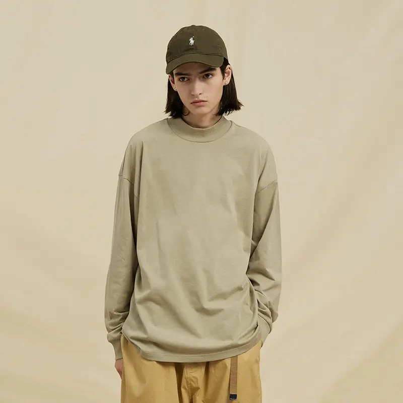 Custom High Quality 250g 100% Cotton Ribbed Cuff Mock Neck Long Sleeve T Shirt Oversized Unisex T Shirt,Shuliqi Apparel - Men's Clothing Wholesale Manufacturer,Custom High Quality 250g 100% Cotton Ribbed Cuff Mock Neck Long Sleeve T Shirt Oversized Unisex T Shirt | Wholesale Men's Apparel | OEM | Shuliqi