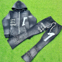 Clothing Manufacturer Acid Wash Distressed Embroidered Patch Screen Print Flared Sweatpants And Zip Up Hoodie Set For men,Shuliqi Apparel - Men's Clothing Wholesale Manufacturer,Clothing Manufacturer Acid Wash Distressed Embroidered Patch Screen Print Flared Sweatpants And Zip Up Hoodie Set For men