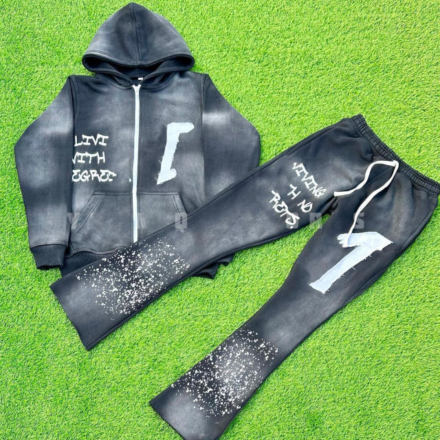 Clothing Manufacturer Acid Wash Distressed Embroidered Patch Screen Print Flared Sweatpants And Zip Up Hoodie Set For men,Shuliqi Apparel - Men's Clothing Wholesale Manufacturer,Clothing Manufacturer Acid Wash Distressed Embroidered Patch Screen Print Flared Sweatpants And Zip Up Hoodie Set For men