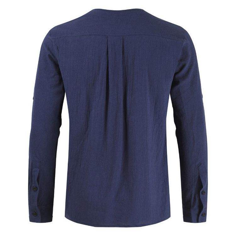 Customized simple multi-color cotton linen pullover men's collarless long sleeve shirt for men,Shuliqi Apparel - Men's Clothing Wholesale Manufacturer,Customized simple multi-color cotton linen pullover men's collarless long sleeve shirt for men