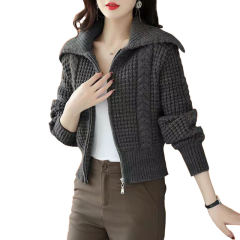 Women's high waisted zippered sweater jacket short autumn and winter outerwear with large lapel,Shuliqi Apparel - Men's Clothing Wholesale Manufacturer,Women's high waisted zippered sweater jacket short autumn and winter outerwear with large lapel