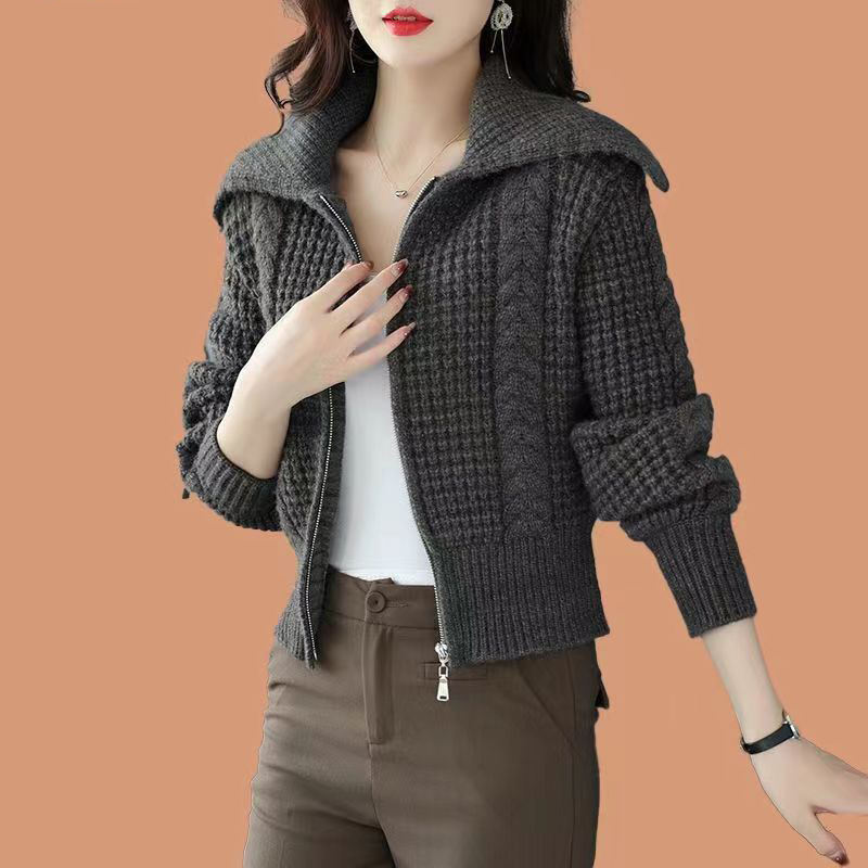 Women's high waisted zippered sweater jacket short autumn and winter outerwear with large lapel,Shuliqi Apparel - Men's Clothing Wholesale Manufacturer,Women's high waisted zippered sweater jacket short autumn and winter outerwear with large lapel