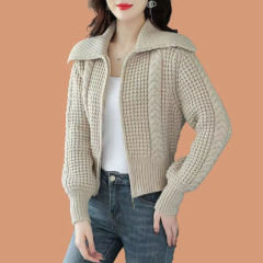 Women's high waisted zippered sweater jacket short autumn and winter outerwear with large lapel,Shuliqi Apparel - Men's Clothing Wholesale Manufacturer,Women's high waisted zippered sweater jacket short autumn and winter outerwear with large lapel