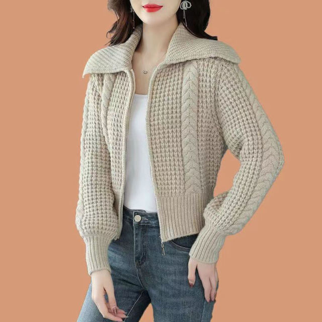 Women's high waisted zippered sweater jacket short autumn and winter outerwear with large lapel,Shuliqi Apparel - Men's Clothing Wholesale Manufacturer,Women's high waisted zippered sweater jacket short autumn and winter outerwear with large lapel