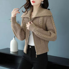 Women's high waisted zippered sweater jacket short autumn and winter outerwear with large lapel,Shuliqi Apparel - Men's Clothing Wholesale Manufacturer,Women's high waisted zippered sweater jacket short autumn and winter outerwear with large lapel