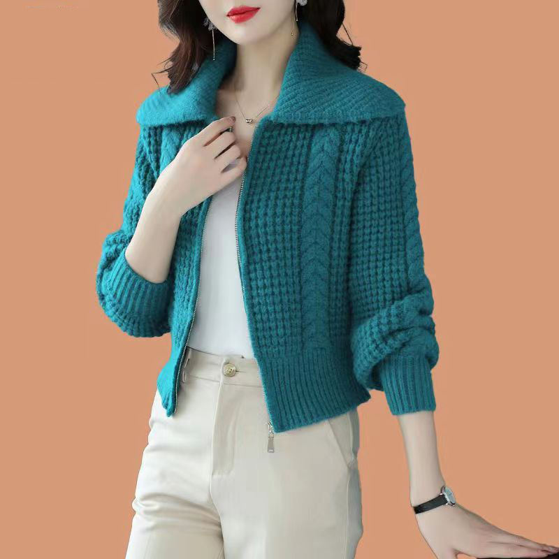 Women's high waisted zippered sweater jacket short autumn and winter outerwear with large lapel,Shuliqi Apparel - Men's Clothing Wholesale Manufacturer,Women's high waisted zippered sweater jacket short autumn and winter outerwear with large lapel
