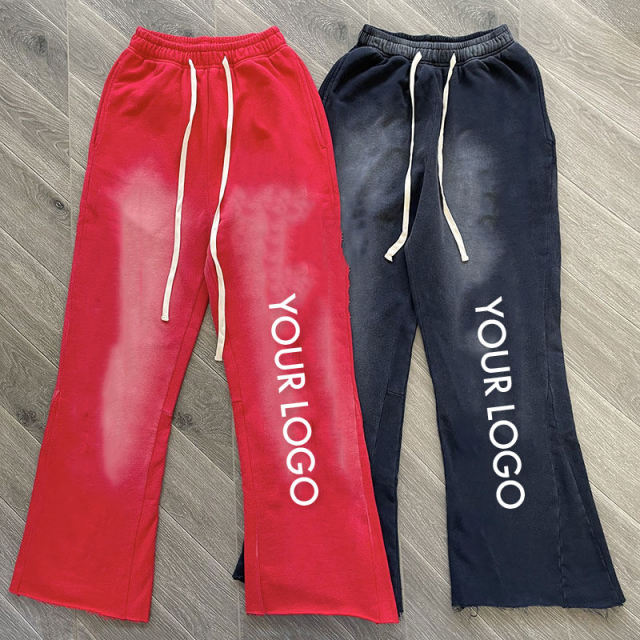 Streetwear 100% Cotton Raw Hem Cut Edge Acid Wash Flare Sweat Pants Custom Puff Print Flared Sweatpants For Men,Shuliqi Apparel - Men's Clothing Wholesale Manufacturer,Streetwear 100% Cotton Raw Hem Cut Edge Acid Wash Flare Sweat Pants Custom Puff Print Flared Sweatpants For Men