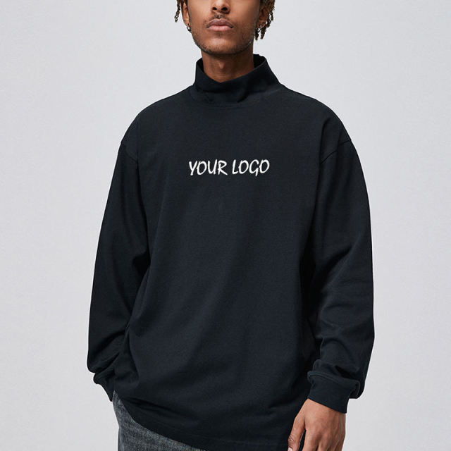 Custom Logo Printed Long Sleeve T-Shirt Retro High Street Autumn/Winter Pure Cotton Pullover Half High Collar Tshirt Men,Shuliqi Apparel - Men's Clothing Wholesale Manufacturer,Custom Logo Printed Long Sleeve T-Shirt Retro High Street Autumn/Winter Pure Cotton Pullover Half High Collar Tshirt Men