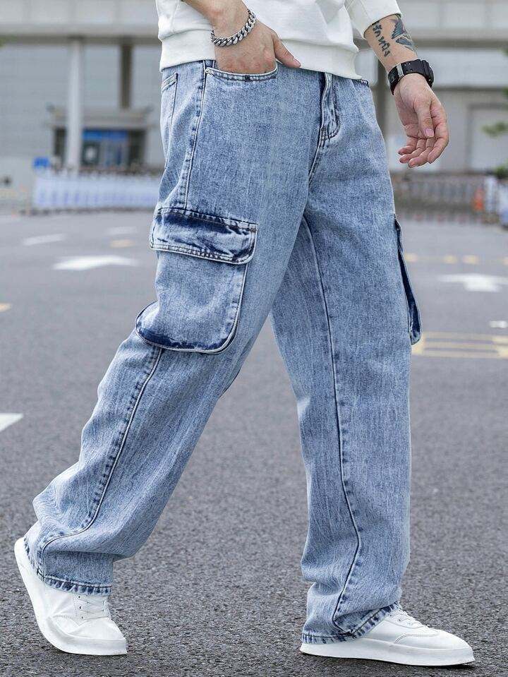 Custom Men New Fashion Acid Blue Washed Straight Leg Man Casual Flap Pocket Side Cargo Jeans,Shuliqi Apparel - Men's Clothing Wholesale Manufacturer,Custom Men New Fashion Acid Blue Washed Straight Leg Man Casual Flap Pocket Side Cargo Jeans