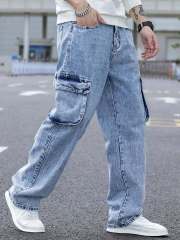 Custom Men New Fashion Acid Blue Washed Straight Leg Man Casual Flap Pocket Side Cargo Jeans,Shuliqi Apparel - Men's Clothing Wholesale Manufacturer,Custom Men New Fashion Acid Blue Washed Straight Leg Man Casual Flap Pocket Side Cargo Jeans