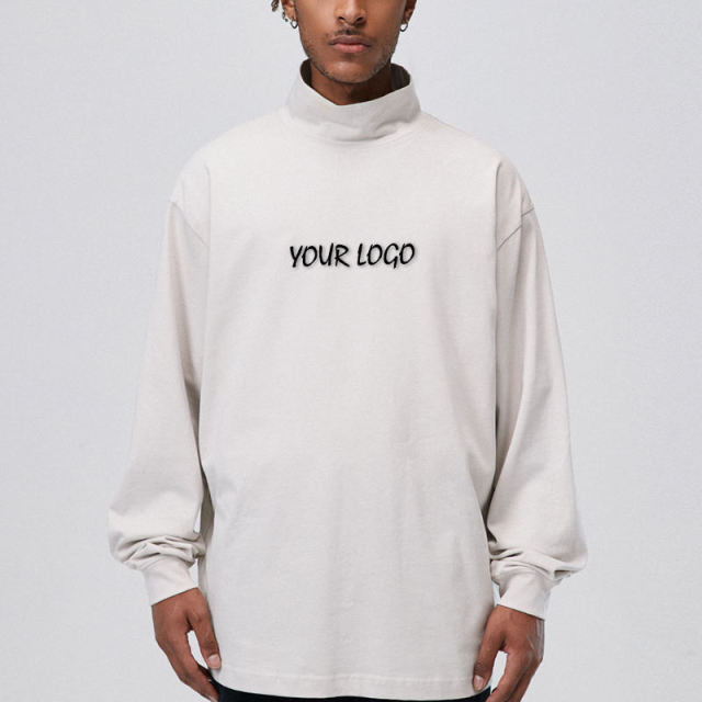 Custom Logo Printed Long Sleeve T-Shirt Retro High Street Autumn/Winter Pure Cotton Pullover Half High Collar Tshirt Men,Shuliqi Apparel - Men's Clothing Wholesale Manufacturer,Custom Logo Printed Long Sleeve T-Shirt Retro High Street Autumn/Winter Pure Cotton Pullover Half High Collar Tshirt Men