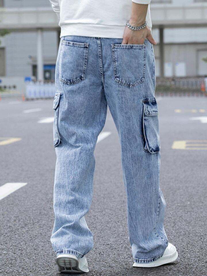 Custom Men New Fashion Acid Blue Washed Straight Leg Man Casual Flap Pocket Side Cargo Jeans,Shuliqi Apparel - Men's Clothing Wholesale Manufacturer,Custom Men New Fashion Acid Blue Washed Straight Leg Man Casual Flap Pocket Side Cargo Jeans