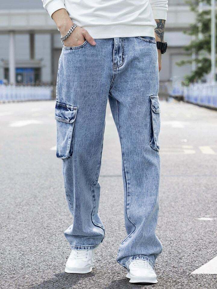 Custom Men New Fashion Acid Blue Washed Straight Leg Man Casual Flap Pocket Side Cargo Jeans,Shuliqi Apparel - Men's Clothing Wholesale Manufacturer,Custom Men New Fashion Acid Blue Washed Straight Leg Man Casual Flap Pocket Side Cargo Jeans