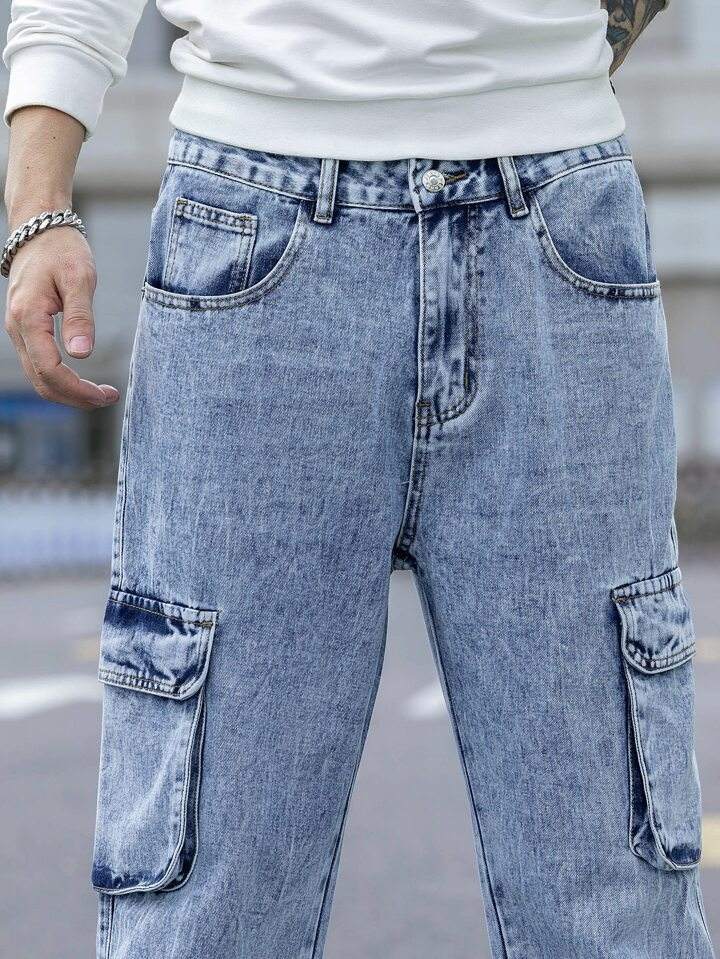 Custom Men New Fashion Acid Blue Washed Straight Leg Man Casual Flap Pocket Side Cargo Jeans,Shuliqi Apparel - Men's Clothing Wholesale Manufacturer,Custom Men New Fashion Acid Blue Washed Straight Leg Man Casual Flap Pocket Side Cargo Jeans