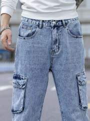 Custom Men New Fashion Acid Blue Washed Straight Leg Man Casual Flap Pocket Side Cargo Jeans,Shuliqi Apparel - Men's Clothing Wholesale Manufacturer,Custom Men New Fashion Acid Blue Washed Straight Leg Man Casual Flap Pocket Side Cargo Jeans