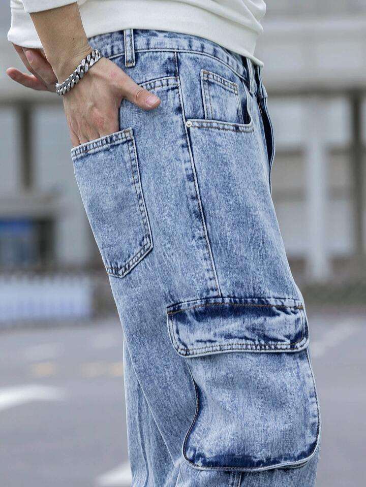 Custom Men New Fashion Acid Blue Washed Straight Leg Man Casual Flap Pocket Side Cargo Jeans,Shuliqi Apparel - Men's Clothing Wholesale Manufacturer,Custom Men New Fashion Acid Blue Washed Straight Leg Man Casual Flap Pocket Side Cargo Jeans