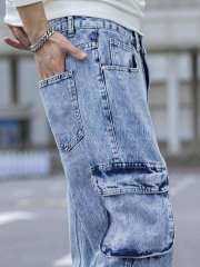 Custom Men New Fashion Acid Blue Washed Straight Leg Man Casual Flap Pocket Side Cargo Jeans,Shuliqi Apparel - Men's Clothing Wholesale Manufacturer,Custom Men New Fashion Acid Blue Washed Straight Leg Man Casual Flap Pocket Side Cargo Jeans
