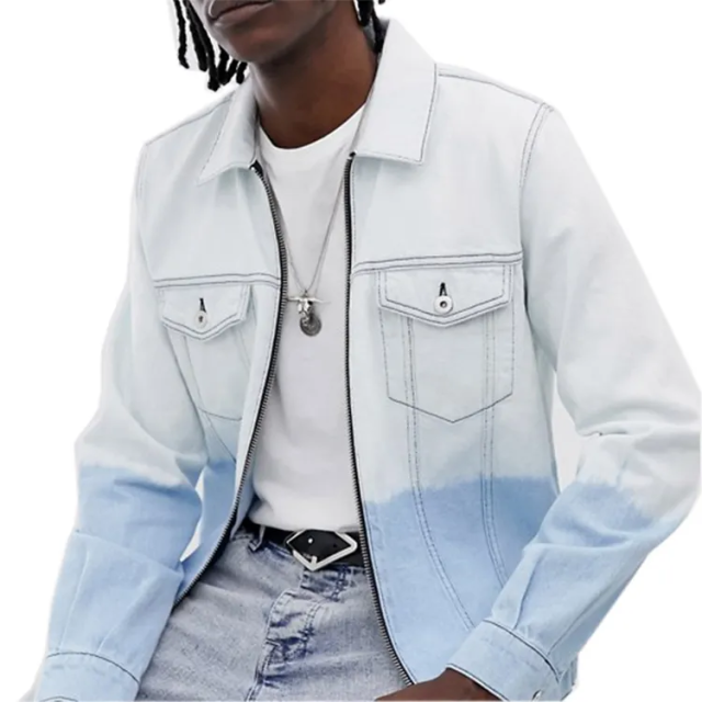 Wholesale price stand neck cotton color blocked men long sleeve zip up unlined dip dye wash denim jackets with pocket,Shuliqi Apparel - Men's Clothing Wholesale Manufacturer,Wholesale price stand neck cotton color blocked men long sleeve zip up unlined dip dye wash denim jackets with pocket